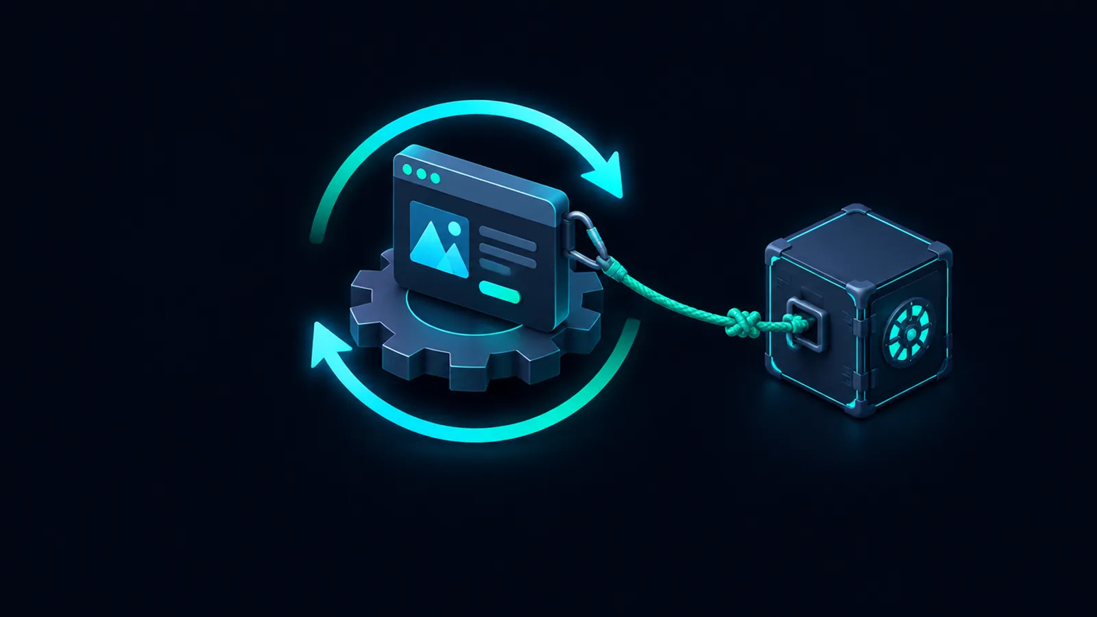 Ilustración de una página web sobre un engrane, con flechas circulares de actualización y una caja de respaldo a un lado