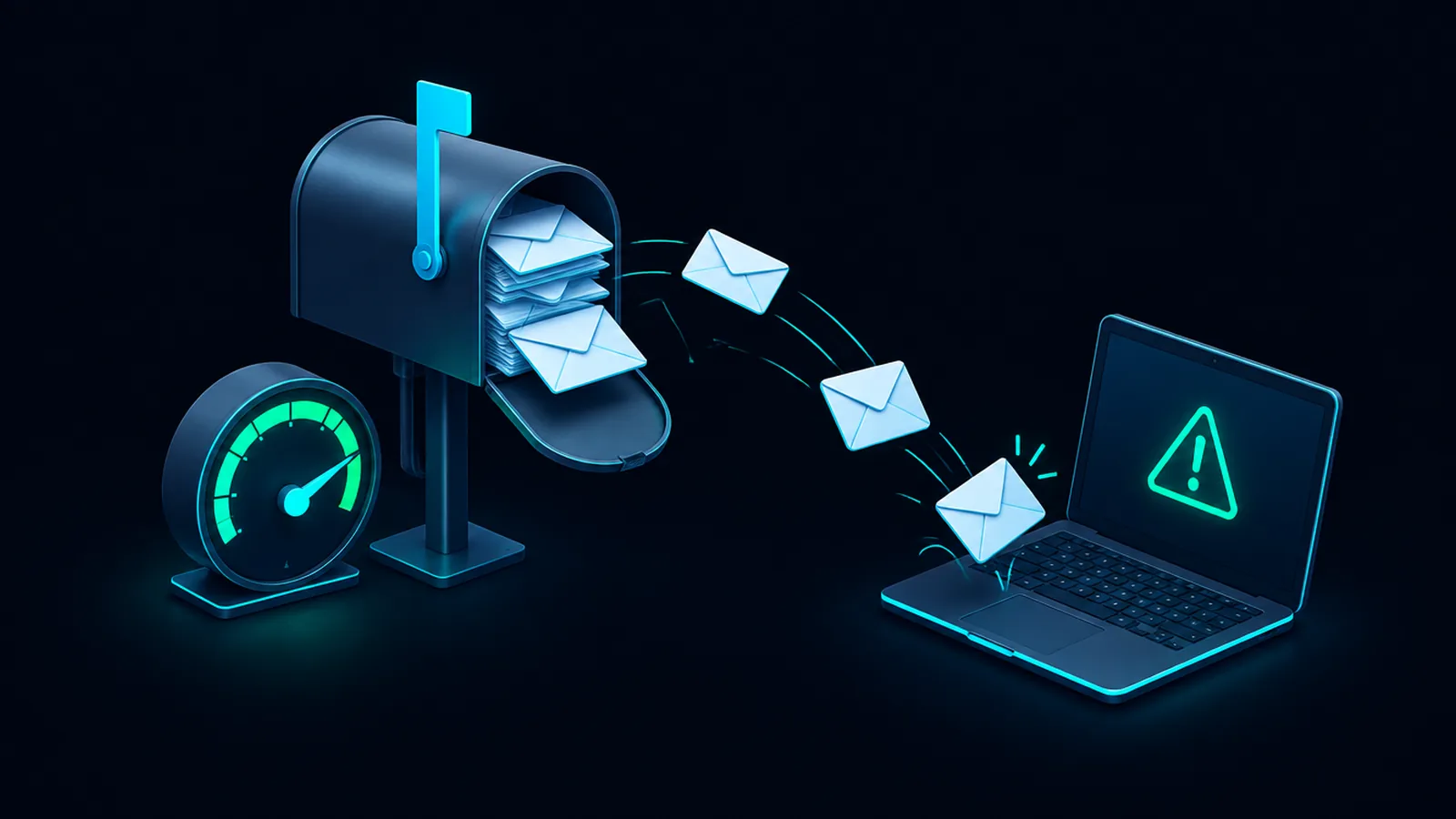 Buzón metálico desbordado de sobres, con algunos sobres rebotando de regreso hacia una computadora portátil