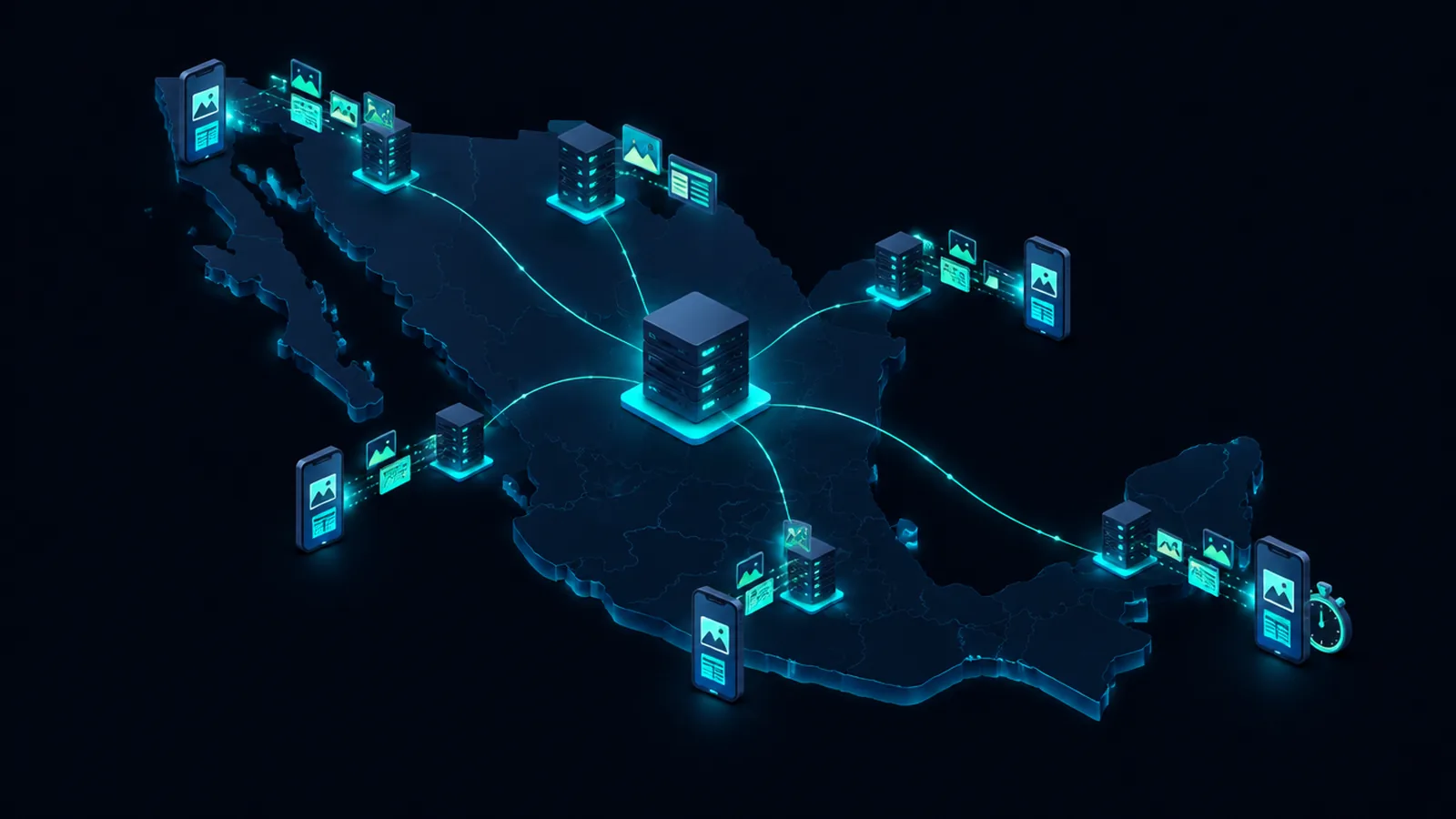 Mapa de México con un servidor central conectado por líneas a varios servidores pequeños en distintas ciudades, cada uno entregando imágenes a un celular