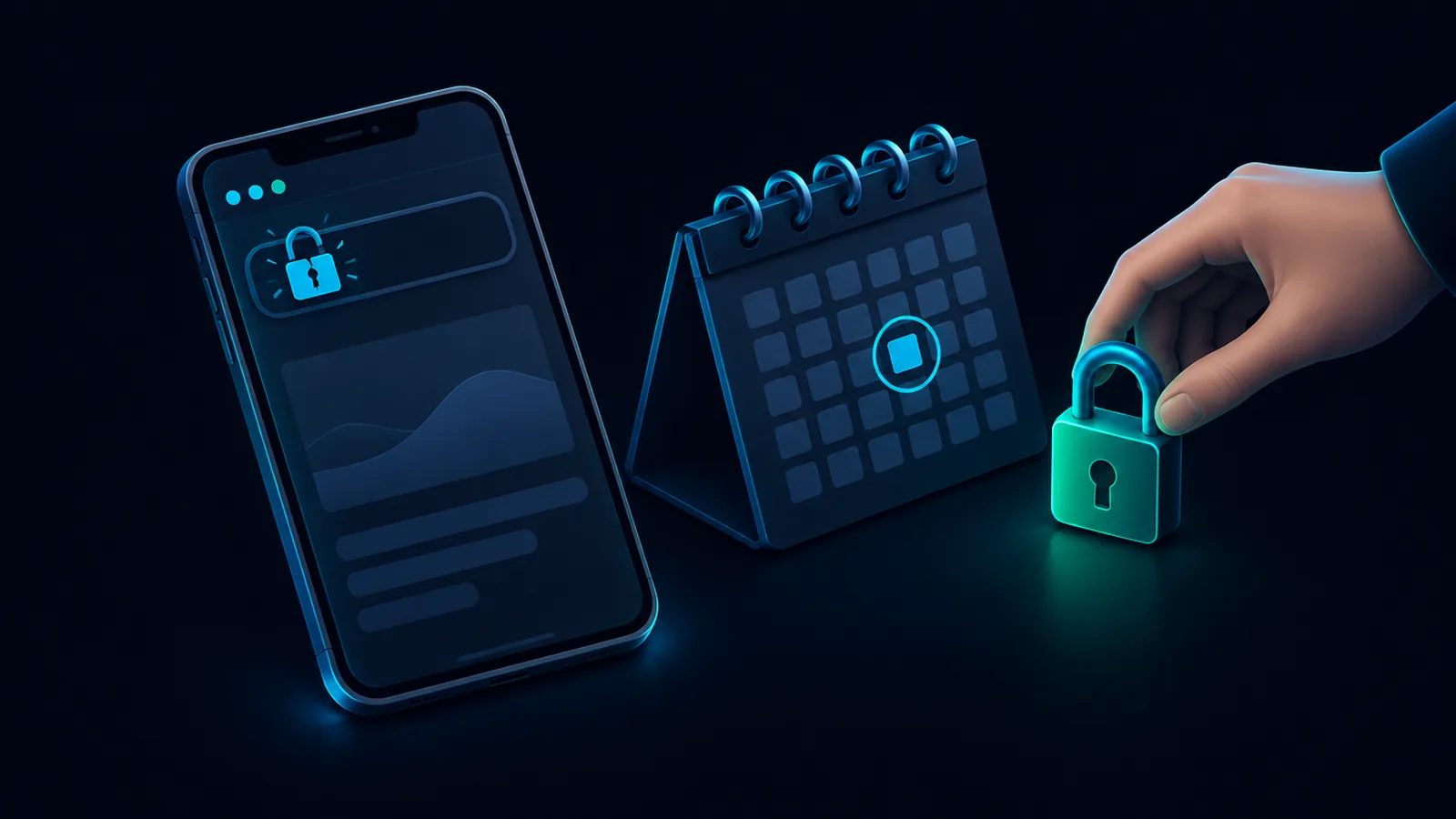 Ilustración de un celular con un navegador que muestra un candado abierto, junto a una hoja de calendario con una fecha marcada en círculo y un candado nuevo cerrado a un lado