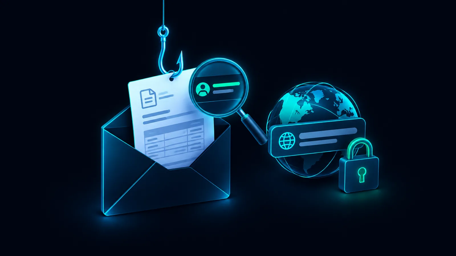 Ilustración de un sobre de correo con un anzuelo de pesca enganchado, junto a un globo terráqueo con un candado y una etiqueta de dominio