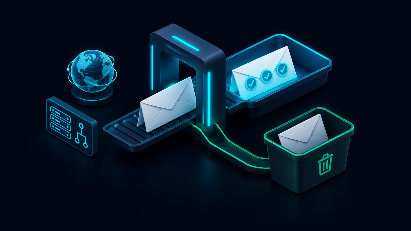 Ilustración de un sobre de correo frente a un buzón con tres sellos de verificación, mientras otro sobre sin sellos cae en una bandeja marcada como spam