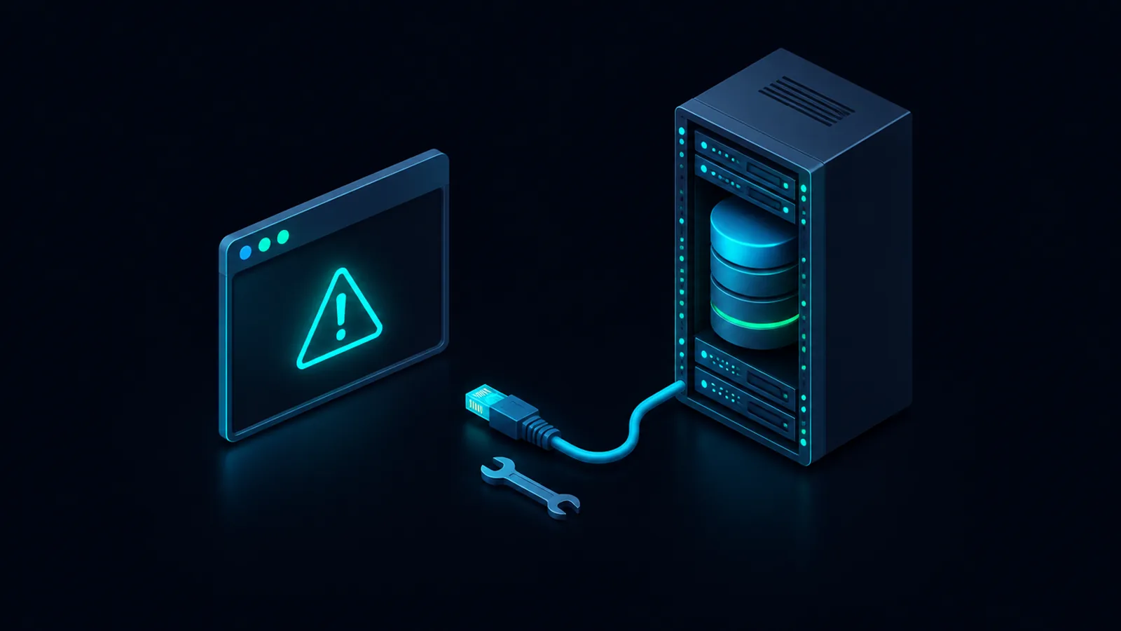 Ilustración de una página web en blanco conectada por un cable desenchufado a un cilindro de base de datos dentro de un servidor