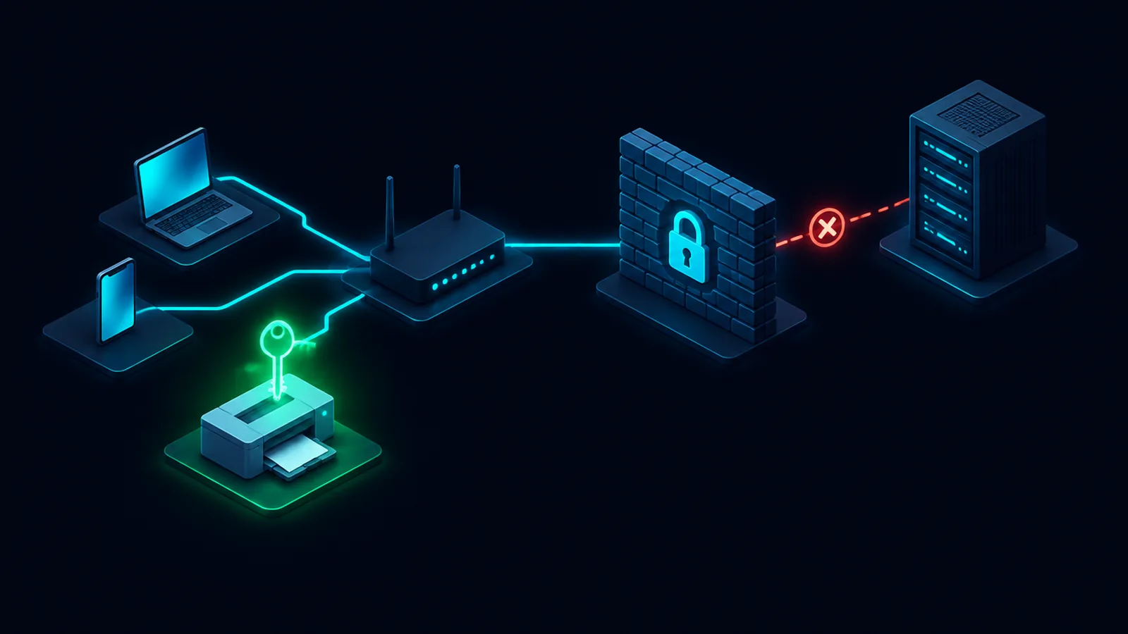 Ilustración de una oficina con computadoras conectadas a un router, frente a un servidor protegido por un muro con un candado que bloquea la conexión