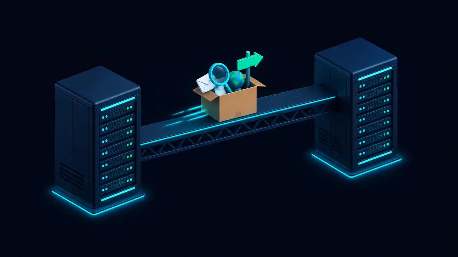 Ilustración de una caja de mudanza que viaja entre dos servidores, con un sobre de correo y una lupa de buscador dentro de la caja