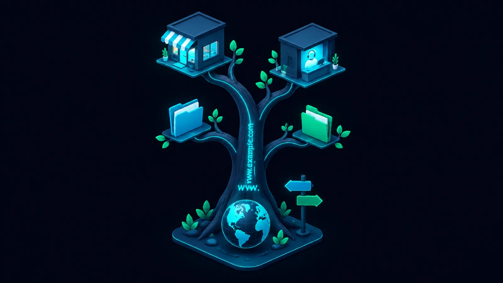Ilustración de un árbol cuyo tronco es una dirección web, con ramas separadas hacia una tienda y un blog, y carpetas colgando de una misma rama